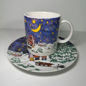 Vintage 1993 Kiki Christmas Star Mug and Saucer Set Made in Japan‎ Winter Scene